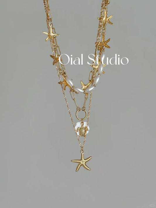 golden-ocean-4-piece-layered-necklace-set-starfish-pearl-beach-vacation-jewelry-clearance