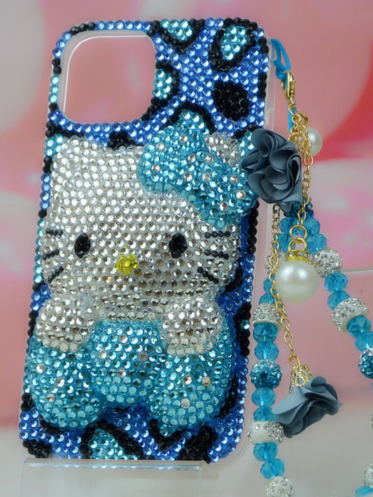 Handcrafted Rhinestone Blue Hello Kitty Phone Case with Chain