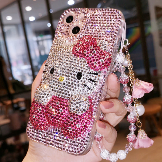 Handcrafted 3D Hello Kitty rhinestone phone case with a cute design and chain, perfect for iPhone