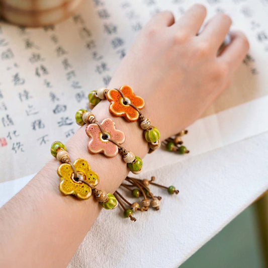 Handmade Ceramic Big Flower Braided Bracelet