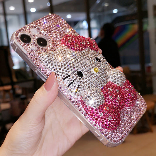 Cute 3D Hello Kitty rhinestone phone case with a chain, handcrafted and designed for iPhone models 12, 13, 14, 15, and 16.