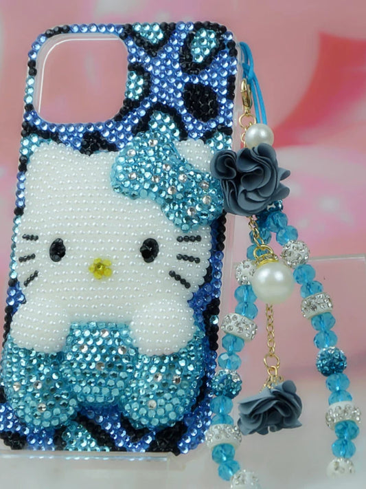 Handcrafted Rhinestone Blue Hello Kitty Phone Case with Chain