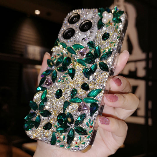 Unique handcrafted green Flora phone case with sparkling rhinestones, designed for iPhone models 12, 13, 14, 15, and 16, ideal for adding a touch of glam to any party look.