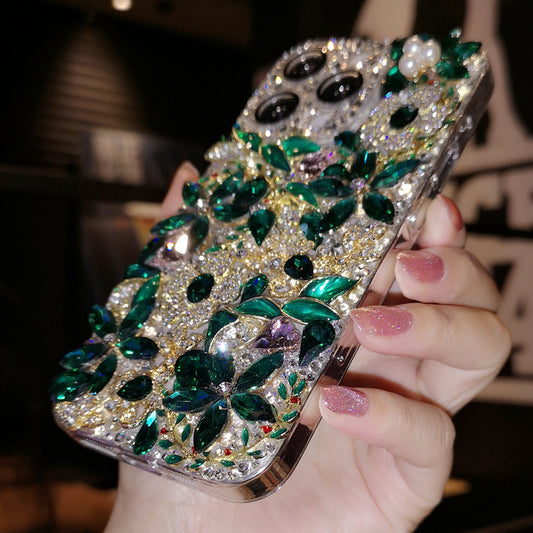 Handcrafted green Flora rhinestone phone case for iPhone with a sparkling design, perfect for party outfits and customizable to fit your unique style.