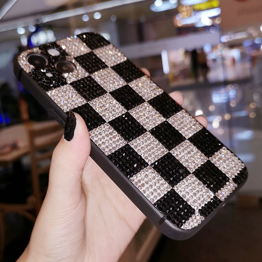 Handcrafted Rhinestone Black and White Checkered Phone Case