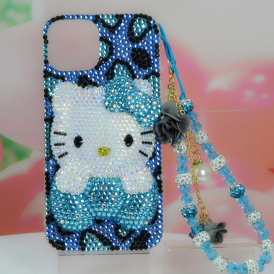 Handcrafted Rhinestone Blue Hello Kitty Phone Case with Chain