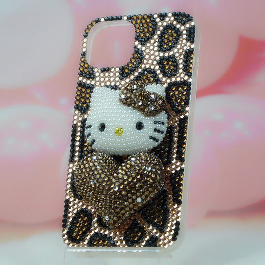 Handcrafted Rhinestone Leopard Print Bow Hello Kitty Phone Case