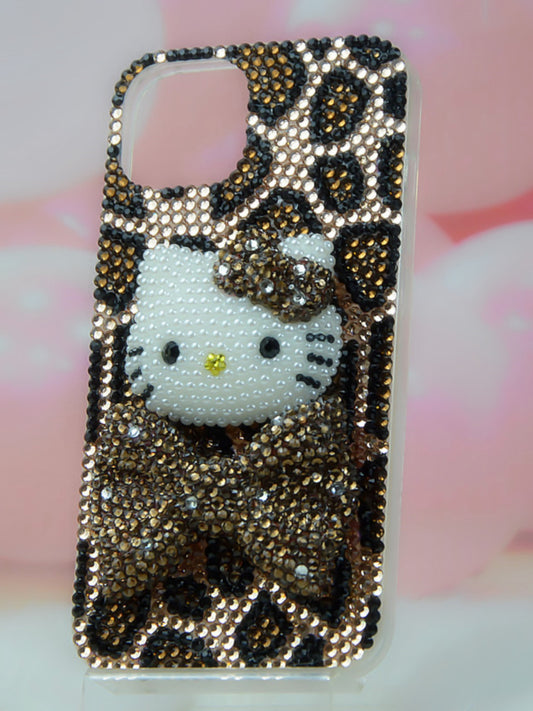 Handcrafted Rhinestone Leopard Print Bow Hello Kitty Phone Case