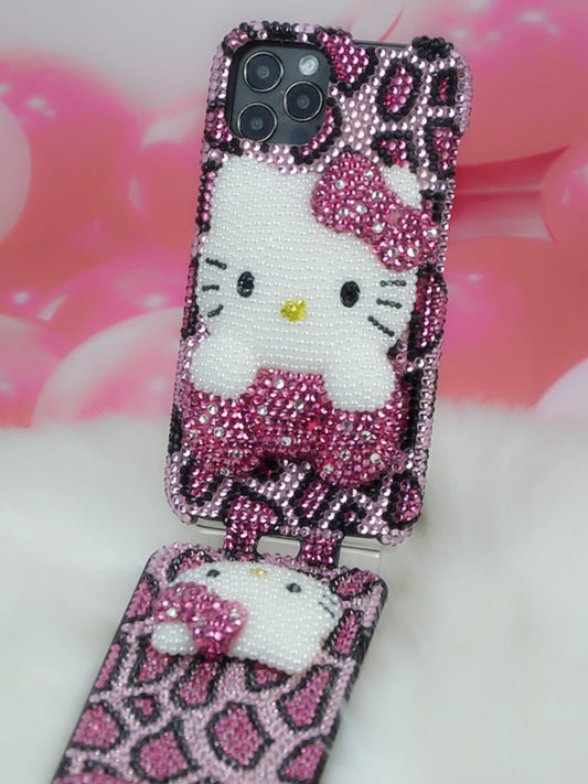 Handcrafted Rhinestone Pink Leopard Print Hello Kitty Full-Cover Flip Phone Case