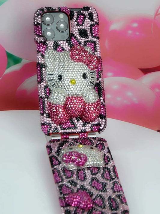 Handcrafted Rhinestone Pink Leopard Print Hello Kitty Full-Cover Flip Phone Case