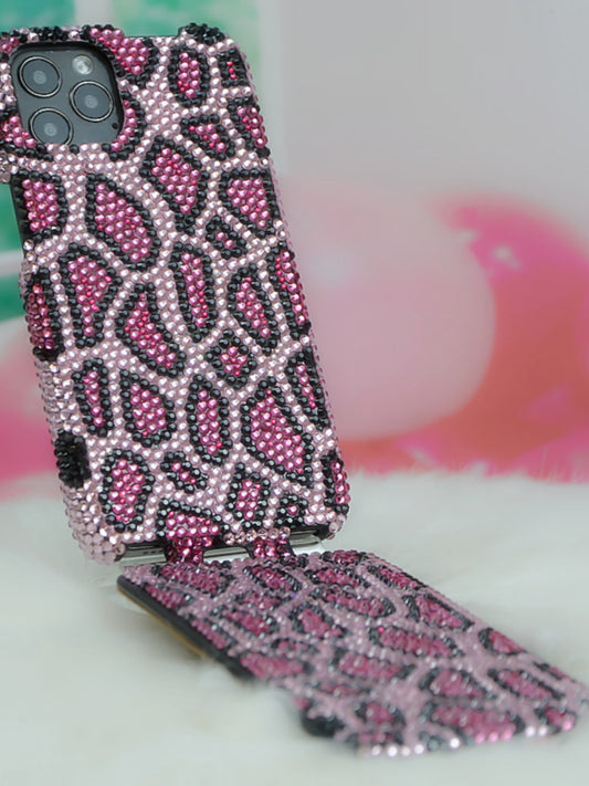 Handcrafted Rhinestone Shiny Leopard Print Full-Cover Flip Phone Case