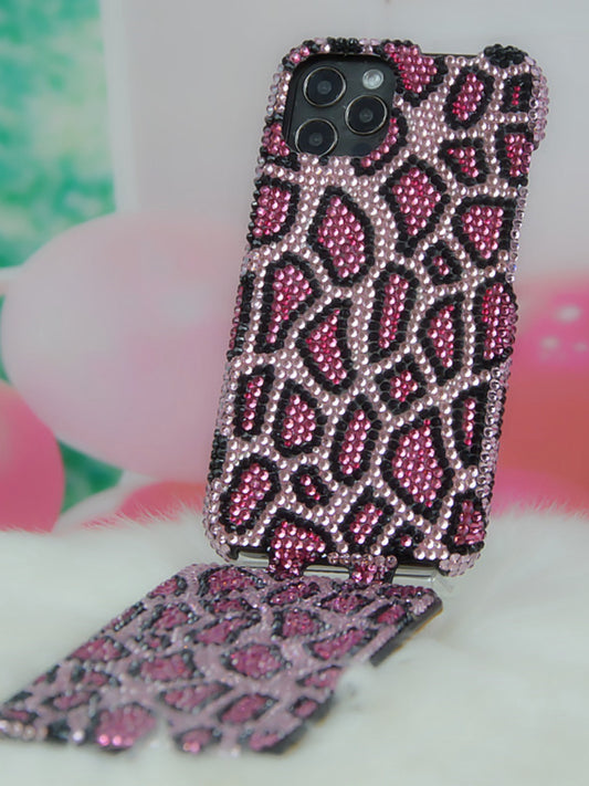 Handcrafted Rhinestone Shiny Leopard Print Full-Cover Flip Phone Case