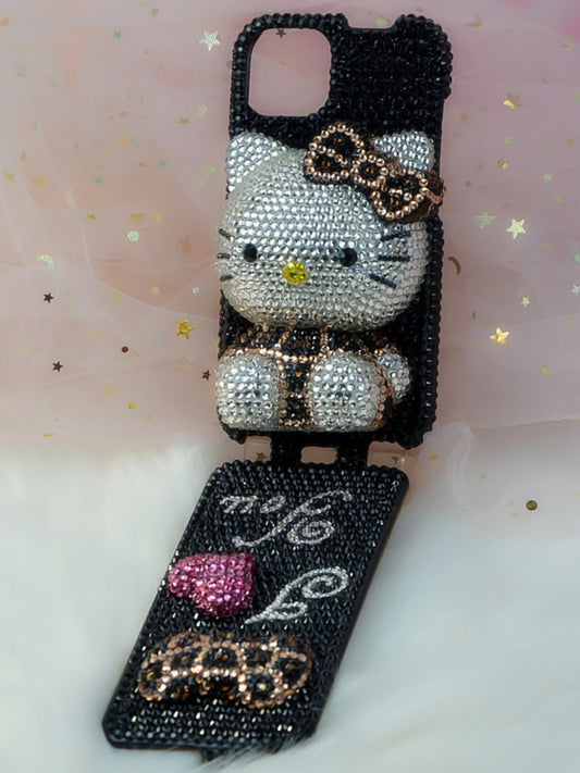 Handcrafted Rhinestone Leopard Print Hello Kitty Full-Cover Flip Black Phone Case