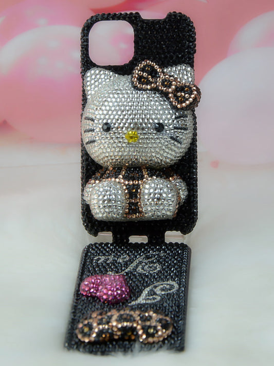 Handcrafted Rhinestone Leopard Print Hello Kitty Full-Cover Flip Black Phone Case