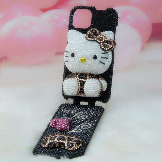 Handcrafted Rhinestone Leopard Print Hello Kitty Full-Cover Flip Black Phone Case