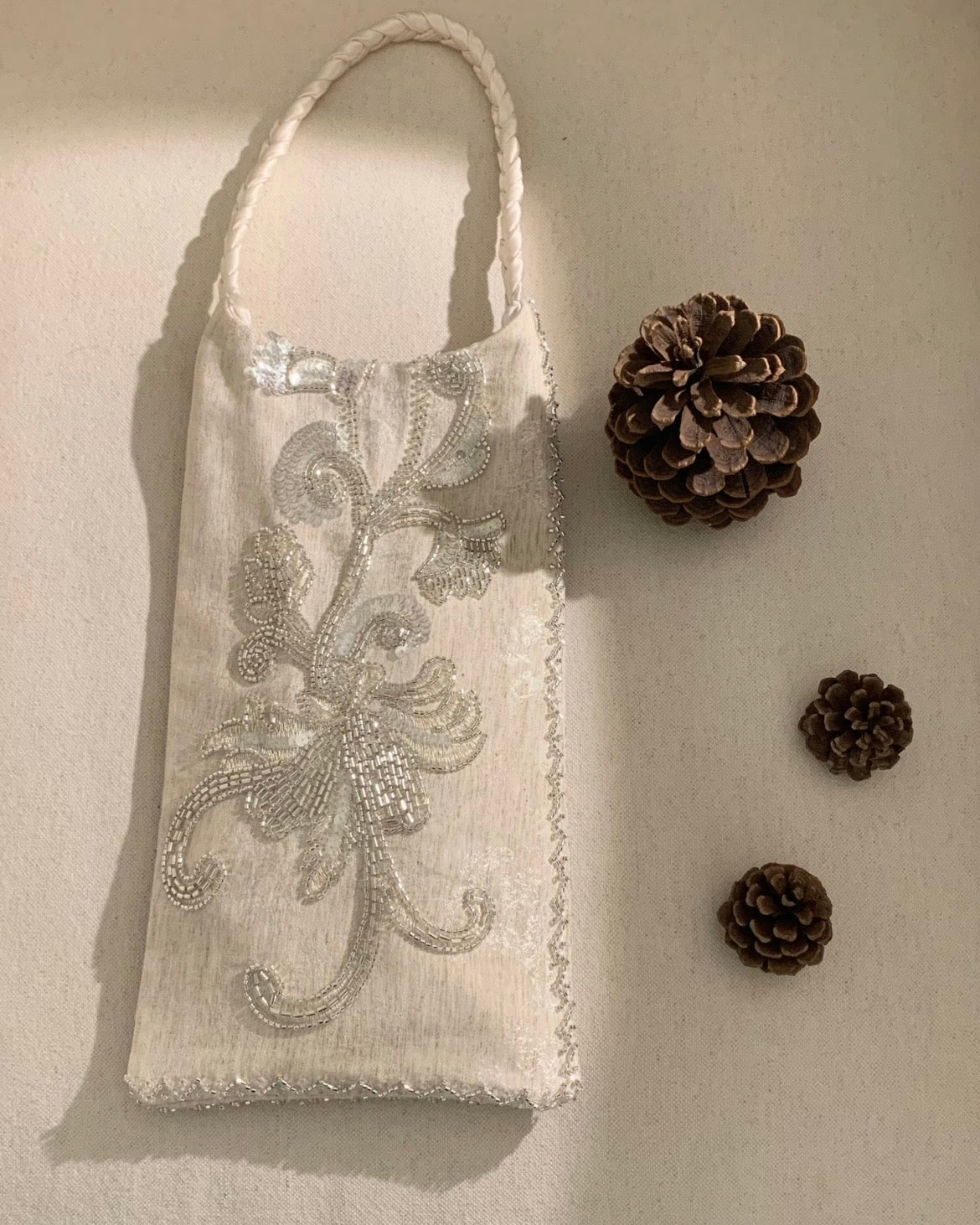  Handmade cedar beaded evening bag with silver floral sequin embroidery, luxury wedding guest purse for silk dresses, bridal clutch bag.
