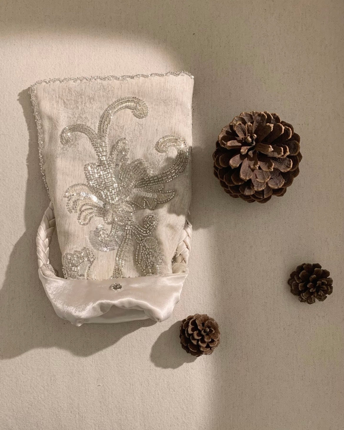  Handmade cedar beaded evening bag with silver floral sequin embroidery, luxury wedding guest purse for silk dresses, bridal clutch bag.