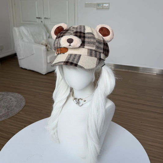 Plaid Bear Ears Octagonal Cap