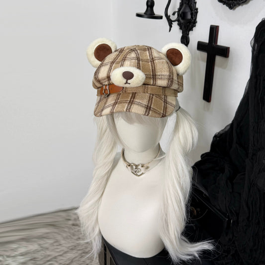 Plaid Bear Ears Octagonal Cap