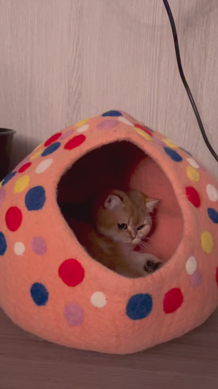 Handmade Wool Felt Polka Dots Cat Cave