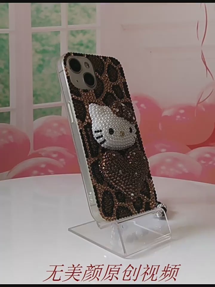 Handcrafted Rhinestone Leopard Print Bow Hello Kitty Phone Case