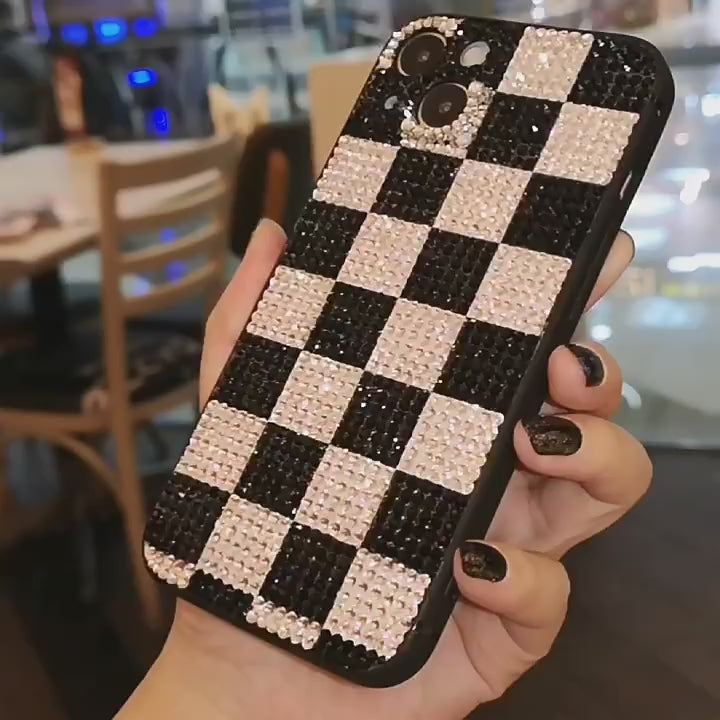 Handcrafted Rhinestone Black and White Checkered Phone Case