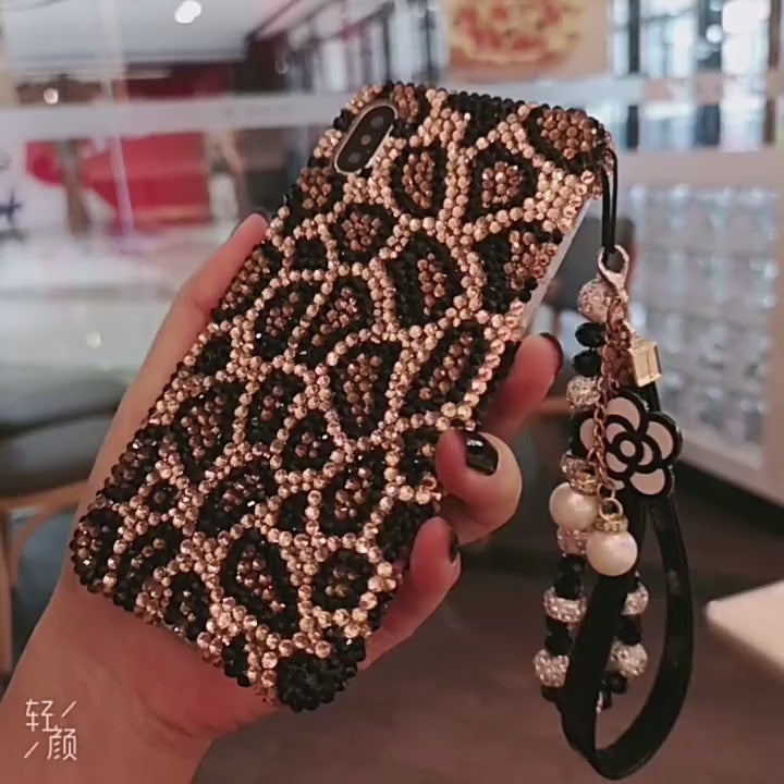 Handcrafted Rhinestone Leopard Print Phone Cases with Chains