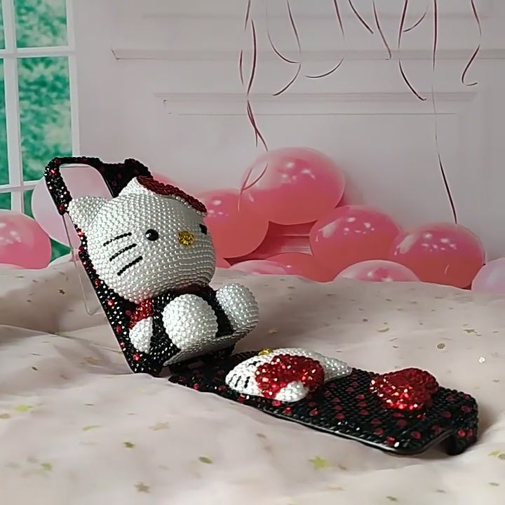 Handcrafted Rhinestone Red Bow Hello Kitty Black Full-Cover Flip Phone Case