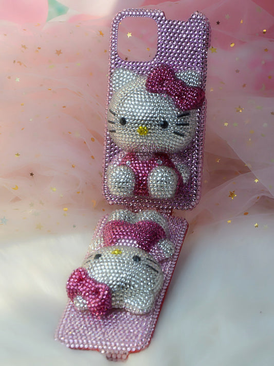 Handcrafted Rhinestone Shiny Hello Kitty Pink Full-Cover Flip Phone Case