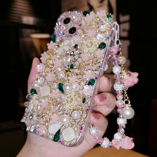 Handcrafted Rhinestones Sparkling Flower Phone Cases with Chain